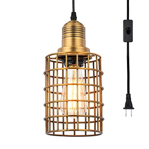 Topotdor Metal Cage Pendant Lighting with Plug in Cord Vintage Industrial Hanging Ceiling Lamp E26 Edison Plug in Light Fixture On-Off Switch -Matte G