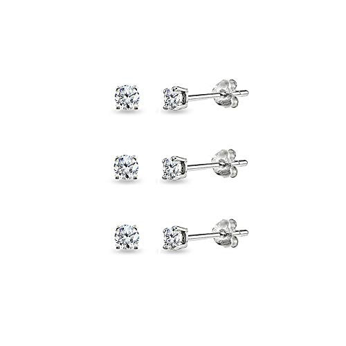 3-Pair Set Sterling Silver Cubic Zirconia 5mm Round Stud Earrings