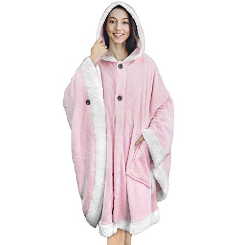 PAVILIA Angel Wrap Hooded Blanket - Poncho Blanket Wrap with Soft Sherpa Fleece - Plush  Warm  Wearable Throw Cape with Pockets for Women Gift -Pink-