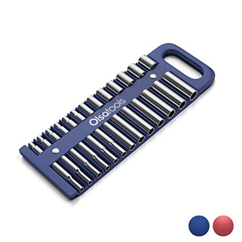 Olsa Tools Portable Magnetic Socket Organizer Tray - 1-4-inch Drive - Blue - Fits Deep and Shallow Sockets - Holds sockets up to 5-8 SAE - 14mm Metric