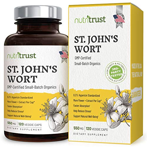 1 Best St Johns Wort  Stronger 120 Ct 1200mcg Hypericin - 550mg Pure Vegan Saint Johns Wort Capsules with Extract and Powder for Potent Non-GMO Mood