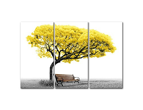 Canvas Wall Art Paintings For Home Decor Yellow Tree Park Bench In Black And White 3 Pieces Panel Modern Giclee Framed Artwork The Pictures For Living Room Decoration Landscape Photo Prints On Canvas