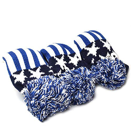 GOOACTION 3PCS Knitted Golf Head Covers 1-3-5 for Driver and Fairway Woods with Long Neck Design Vintage Blue Stars and Stripes Sock Pom Pom Golf Club