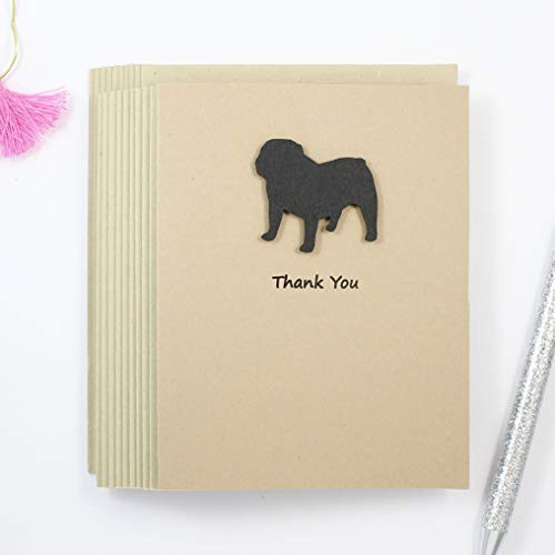 Bulldog Thank You Greeting Cards - Handmade Black Dog Kraft Thank You Note Cards - 10 Pack with Envelopes