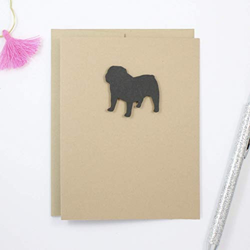 Bulldog Blank Greeting Card - Handmade Black Dog Notecard - Kraft Brown with Envelope