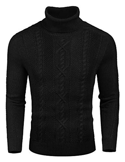 COOFANDY Mens Slim Fit Turtleneck Sweater Casual Long Sleeves Pullover Sweaters Cable Knitted Sweater Black