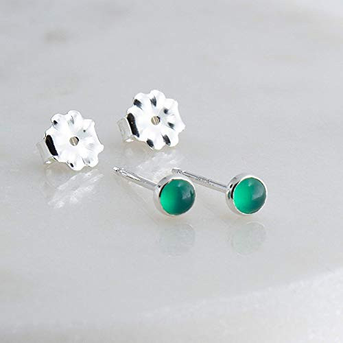 Green Chalcedony Cabochon Stone 3mm in Sterling Silver Stud Earrings