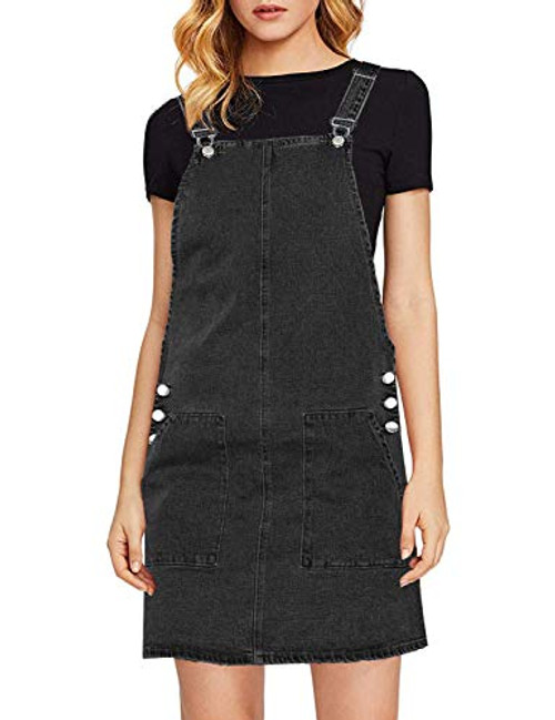 luvamia Womens Juniors Casual Straps Denim Overall Pinafore Dress with Pocket Black Size Small -Fits US 4-6-