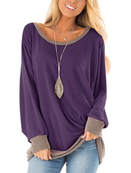 Fallorchid Womens Long Sleeve Crew Neck Tunics Loose Fit Casual Color Block Tops Purple