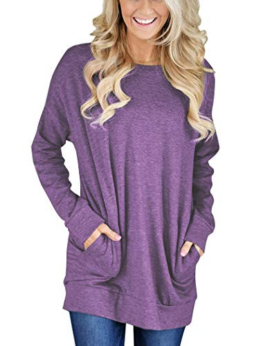 Bingerlily Womens Casual Long Sleeve Top Tunics Crew Neck Shirts Loose Fitting Blouses Sweatshirts with Pocket -Medium  8-Purple-