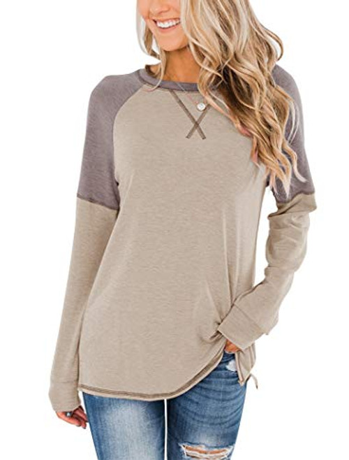 Bingerlily Womens Casual Long Sleeve Tunic Tops Crew Neck Color Block Blouses