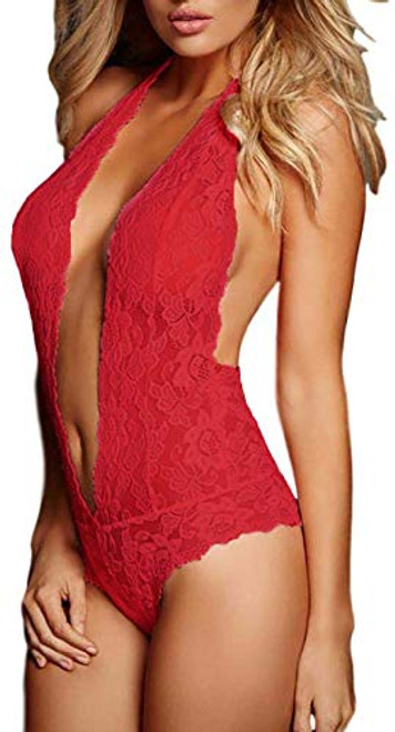 Womens Halter Lingerie Lace Teddy Bodysuit Nightwear Deep V Lace Babydoll Underwear Plus Size -M Wine red- Womens Halter Lingerie Lace Teddy Bodysuit Nightwear Deep V Lace Babydoll Underwear Plus Size -M Wine red-