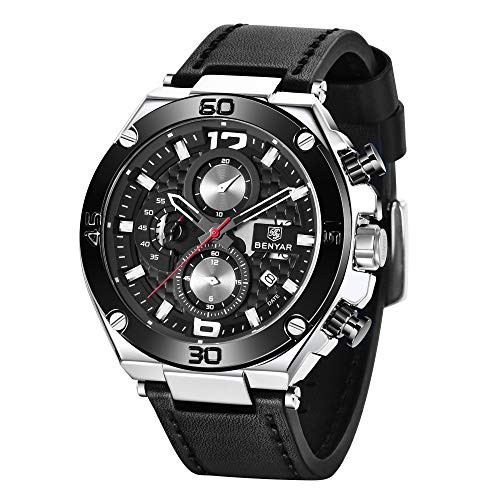 BENYAR Mens Watches Quartz Analog Chronograph Waterproof Watches Business Sports Design Leather Strap Wrist Watch for Men