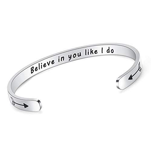 Inspirational Bracelet Cuff Bangle Best Friend Sister Gift Mantra Quote Stainless Steel Engraved Motivational Jewelry for Women by SAM and LORI -Believe