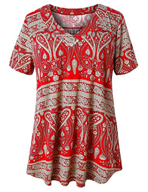 U Vomade Womens Plus Size Tops Short Sleeve Tunic Blouses Casual Summer Shirts Multi Red 1X