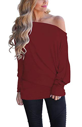 EZBELLE Womens Sexy Off The Shoulder Tops Batwing Sleeve Baggy Oversized Pullover Sweater Knit Jumper Burgundy Small