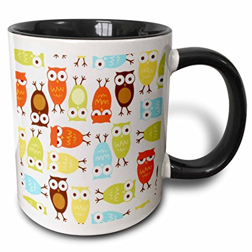 3dRose 60529_4 Owl I Cute In Olive Green n Yellow Orange Ceramic Mug 11 oz Black/White