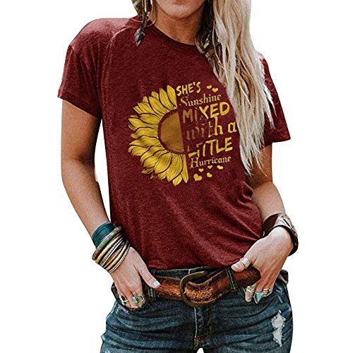 Qianxitang Womens Sunflower Graphic Letter Print Tops Short Sleeve Round Neck Summer Casual T Shirt Blouses Tees -Red  Large-
