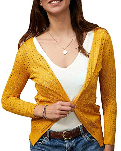 Womens Cardigans Lightweight Long Sleeve Crochet Casual Open Front Knit Cardigan Sweaters Yellow