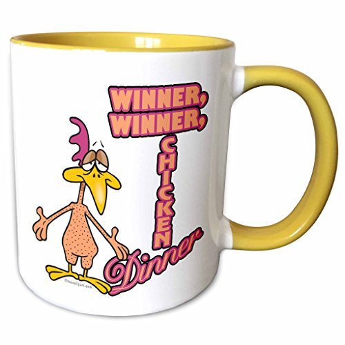 3dRose Dooni Designs Random Toons - Winner Winner Chicken Dinner Humor Cartoon - 11oz Two-Tone Yellow Mug (mug_104454_8)