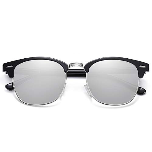 SOJOS Retro Semi Rimless Polarized Sunglasses Horn Rimmed UV400 Glasses SJ5018 with Black Frame-Silver Mirrored Lens