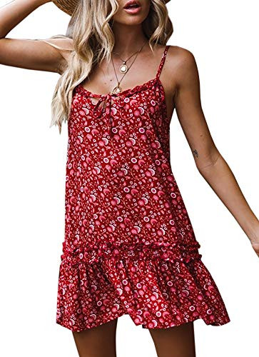 Valphsio Womens Floral Spaghetti Strap Short Dress Boho V Neck Mini Beachwear Dress Sundress -Small  Y-Burgundy-1-