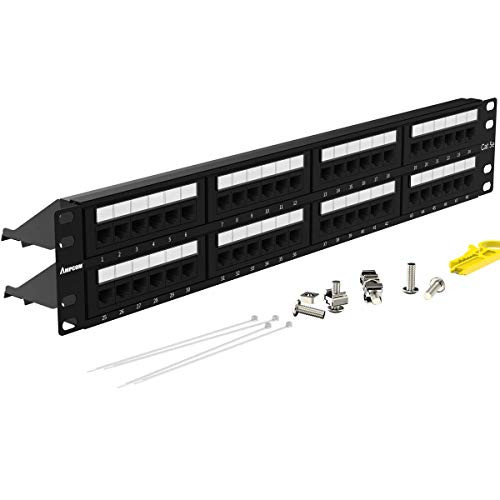 AMPCOM Premium Series CAT5-5e 48 Ports Patch Panel  Rack Mount - 2U  19 inch  RJ45 Ethernet 568A 568B  30u Gold Plated  with Rear Cable Support Bar