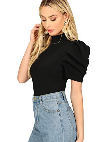 Floerns Womens Frill Neck Puff Sleeve Solid Tee Blouse Tops Black L