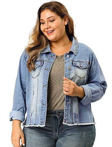 Agnes Orinda Womens Plus Size Classic Washed Front Frayed Denim Jacket Light Blue 2X