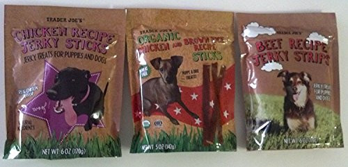 Trader Joes Dog Treats - 3 Packages - -1 Chicken Jerky Strips  1 Chicken and Brown Rice Sticks  1 Beef Jerky Strips-