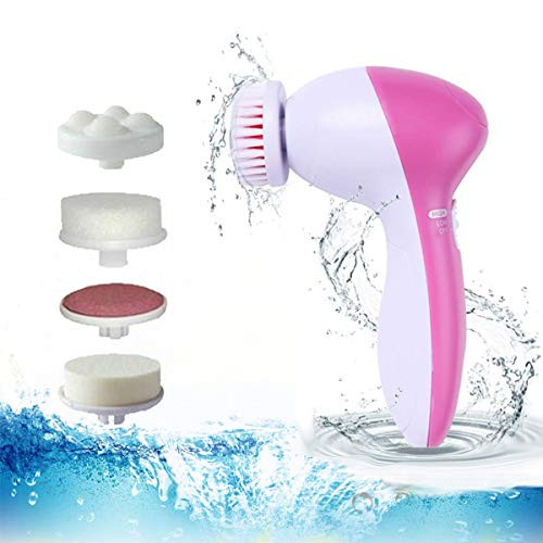 Waterproof Facial Cleansing Brush and Massager with 5 Brush Heads for Removing Blackhead  Exfoliating and Massaging -pink-