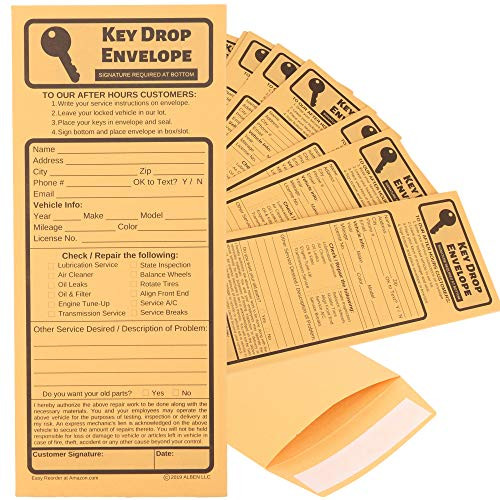 Key Drop Envelopes for After Hours  Auto Shop Repair or Service Peel and Seal Drop Box Envelopes - Automotive Mechanic Night Drop Off  Overnight or Ear