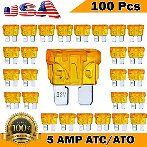 Kodobo 100 Pack Auto Fuses 5 AMP ATC-ATO Standard Regular Fuse Blade 5A Car Truck Boat Marine RV - 100Pack