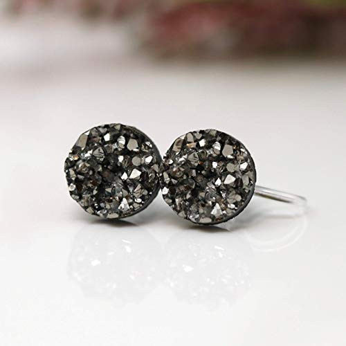 Invisible Clip On Faux Druzy Earrings for Non-Pierced Ears  Gunmetal  10mm