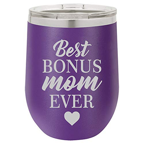 12 oz Double Wall Vacuum Insulated Stainless Steel Stemless Wine Tumbler Glass Coffee Travel Mug With Lid Best B0NUS Mom Ever Step Mom Mother In Law -