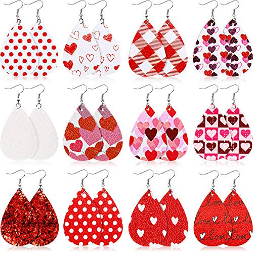 12 Pairs Leather Earrings Leaf Dangle Earring Lightweight Teardrop Earring Heart-Shaped Print Drop Earrings for Women Valentine Day Gift 12 Pairs Leather Earrings Leaf Dangle Earring Lightweight Teardrop Earring Heart-Shaped Print Drop Earrings for Women Valentine Day Gift