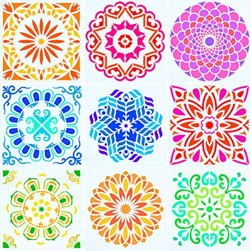 12 x 12 Inch Large Size Reusable Stencil Laser Cut Painting Template Floor Wall Tile Fabric Furniture Stencils Painting Stencils Set of 9 -Blossoming