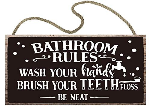 vizuzi Bathroom Rules Wood Sign  12 x 6  Hanging Plaque Wood Plank Wall Art Decoration  Bathroom Home Decor