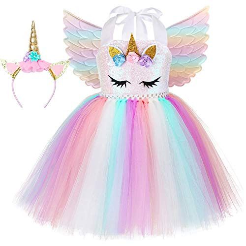 Girl Unicorn Costume  Rainbow Unicorn Tutu Dress Outfit Princess Birthday Party Gifts Halloween with Headband and Wings 9-10 Years Rainbow