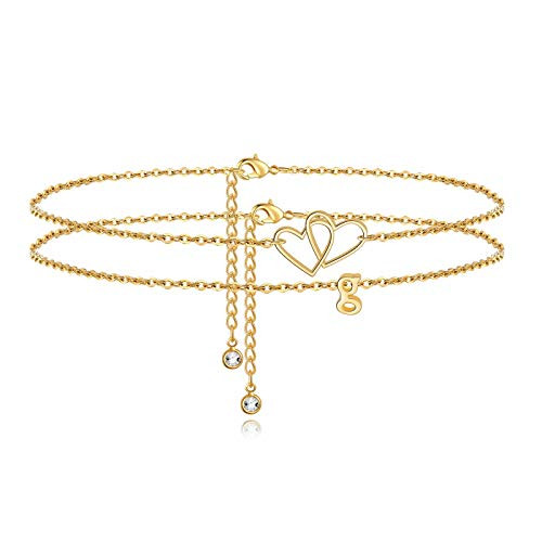 Turandoss Layered Initial Ankle Bracelets for Women  14K Gold Filled Layered Anklet Bracelet Two Heart Initial Anklet for Women Beach Jewelry Anklet w