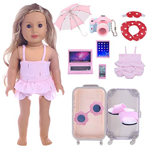 Braicipt Doll Travel Suitcase Play Set for American 18 Inch  Including Luggage Pillow Blindfold Sunglasses Camera Computer Phone Ipad Umbrella Clothes