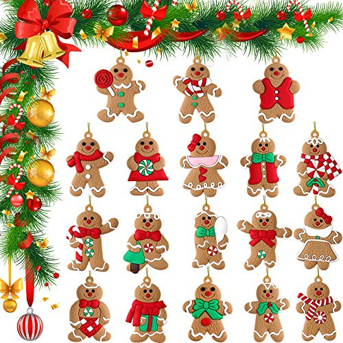 18 Pieces Traditional Cute Gingerbread Man Ornaments Assorted Clay Figurine Shapes Christmas Gingerman Cookie Doll Hanging Charms with Rope for Christ