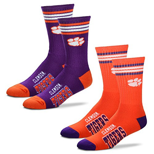 For Bare Feet Mens NCAA -2-Pack--4 Stripe Deuce Crew Socks -Clemson Tigers-2 Pack-Orange and Purple  Medium -5-10--