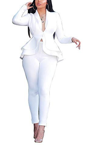 Pants and Blazer Set for Women Sexy Long Sleeve Ruffle Hem Peplum Blazer Jacket with Bodycon Long Pants Work Office 2 Piece Suit Set Clubwear Outfits