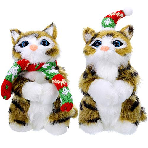 WILLBOND 2 Pieces Furry Cat Ornaments Furry Brown Kitten with Scarf Hat Christmas Hanging Decoration Xmas Tree Mini Cat Ornament