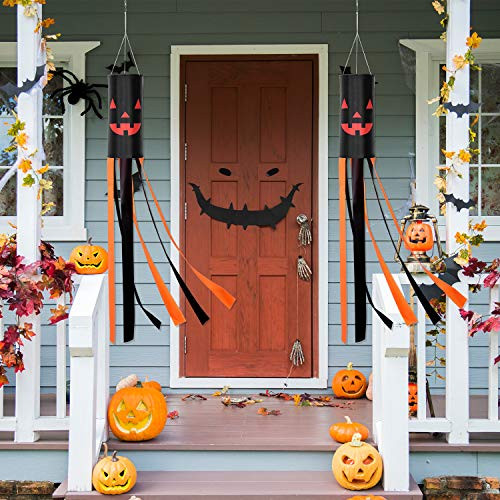 2 Pieces Halloween Pumpkin Ghost Windsock Ghost Hanging Decoration Flag Windsock Hanging Sign for Outdoor Front Yard Halloween Party Decor -Black Pump