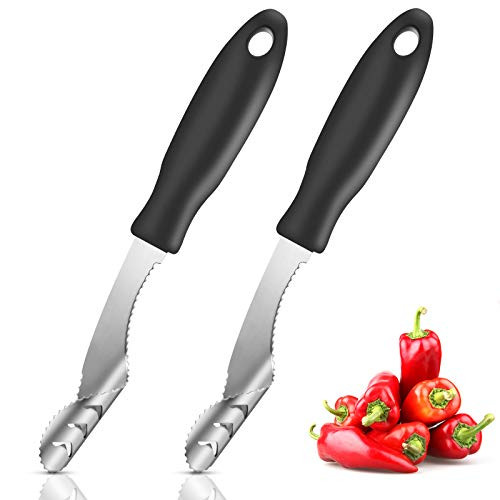 2 Pieces Jalapeno Pepper Corer Core Deseeder Stainless Steel Chili Corer Remover with Serrated Slice and Rubber Handle Seed Remover or Slice Off Veget