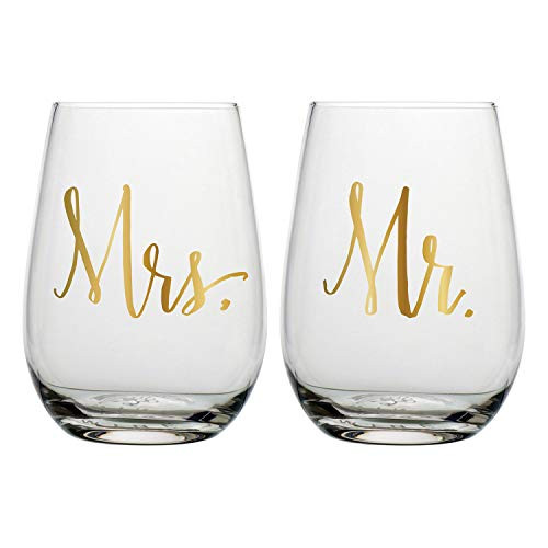 Creative Brands Slant Collections - Set of 2 Stemless Wine Glasses  20-Ounce  Mr and Mrs