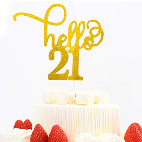 21th Birthday Decoration Golden 21th Cake Topper Hello 21 Cake Topper Used for Celebrating 21th Birthday-21th Wedding Anniversary Cheer to 21 Years