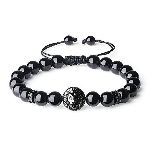 COAI Handmade Black Tourmaline Stone Beaded Lion Head Bracelet